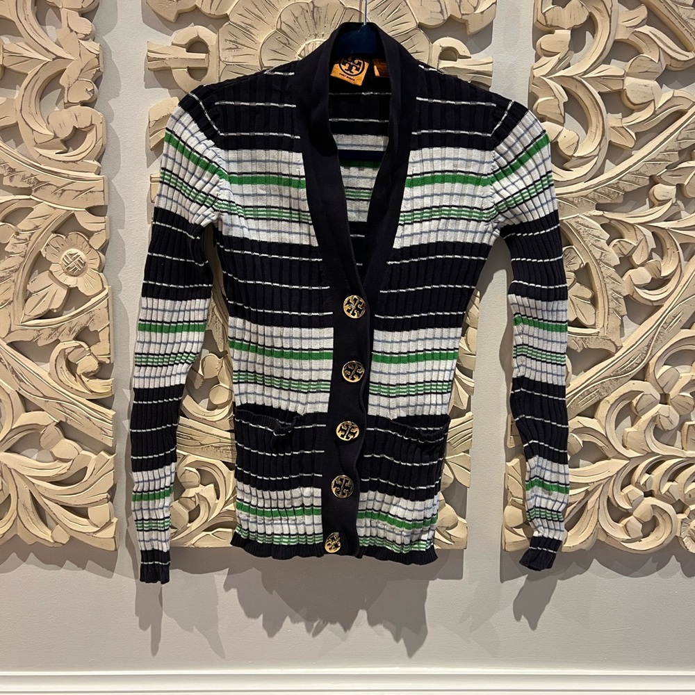 Tory Burch Black and White Striped Cardigan